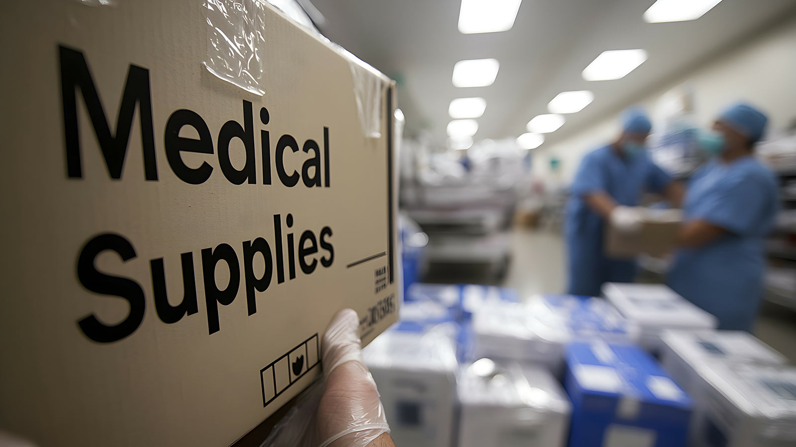 Box of medical supplies being carried