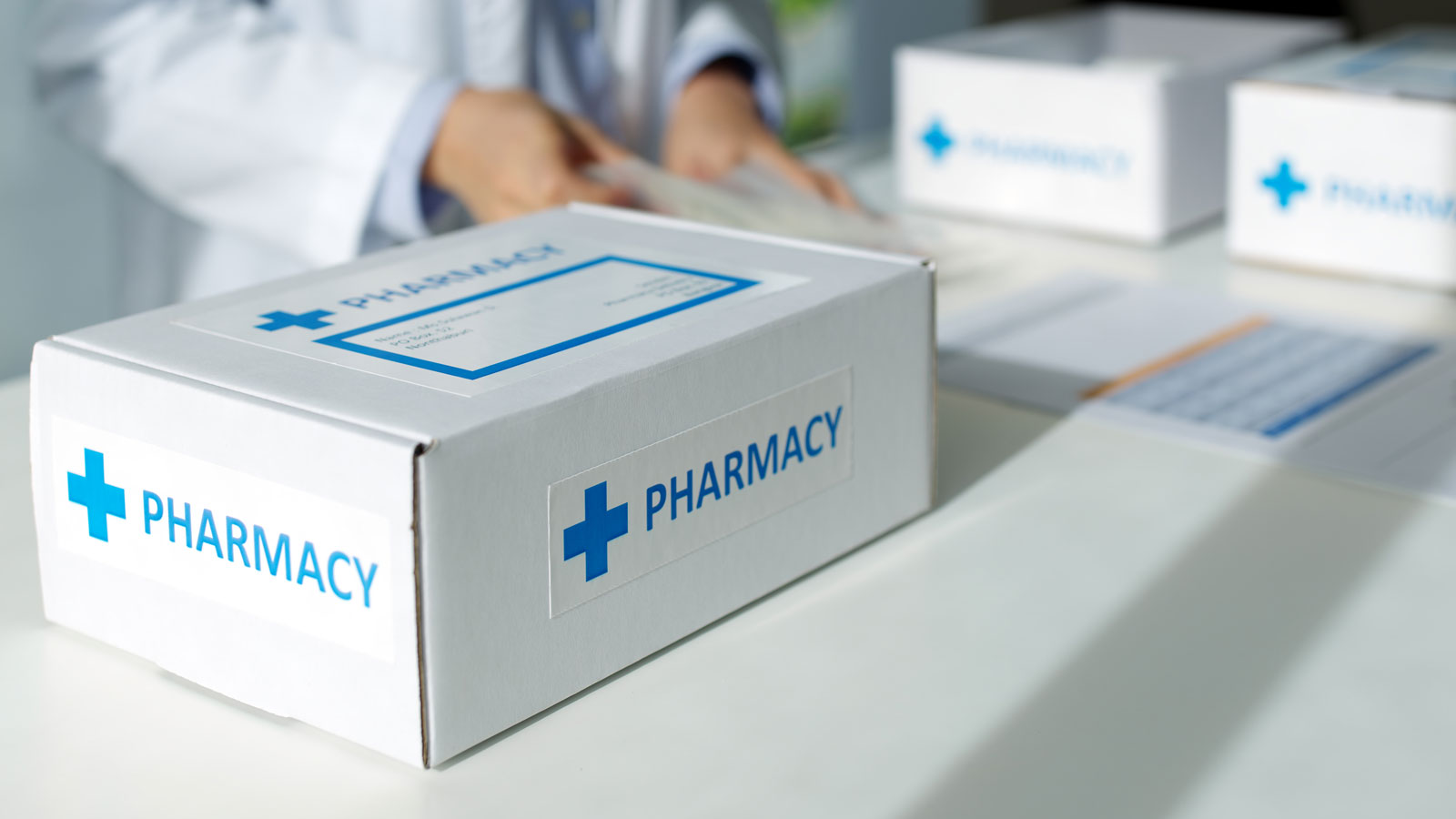 pharmaceuticals shipping box on counter